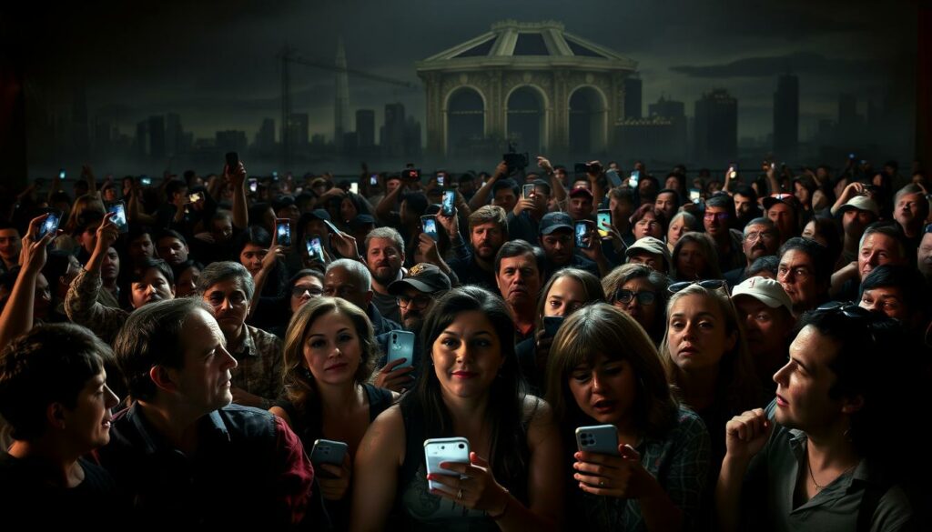 A diverse crowd of fans eagerly anticipating the return of Dexter, the iconic serial killer protagonist. In the foreground, a group of avid fans excitedly discussing their theories and expectations, their expressions a mix of excitement and nervous anticipation. In the middle ground, a sea of smartphones capturing the moment, reflecting the widespread social media buzz surrounding the show's comeback. The background features a stylized, moody cityscape, evoking the dark and gritty tone of the original series. Dramatic lighting casts dramatic shadows, heightening the sense of mystery and suspense. The overall atmosphere conveys the palpable excitement and high expectations of Dexter's loyal fanbase.