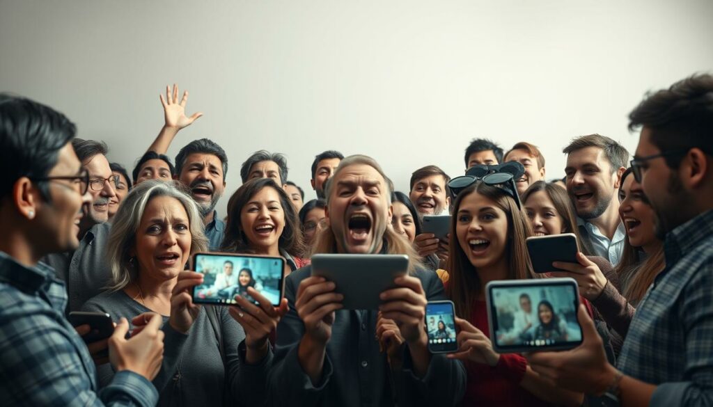 A diverse crowd of people reacting with a range of emotions - surprise, delight, outrage, concern - to a video playing on various digital devices against a neutral backdrop. A blend of traditional and modern media elements, with a sense of tension and polarization. Warm natural lighting, high-quality photorealistic rendering in the FHM style.