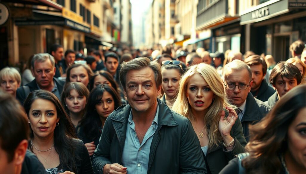 A diverse crowd of people, their faces filled with a range of emotions - surprise, amusement, confusion, and curiosity - as they react to the rumored romance between Pamela Anderson and Liam Neeson. The scene is set in a bustling city street, with a mix of pedestrians, café patrons, and onlookers captured in a candid, photojournalistic style. Warm, natural lighting bathes the scene, creating a sense of immediacy and authenticity. The composition emphasizes the reactions of the people, with their body language and facial expressions conveying the public's intrigue and fascination with the unexpected celebrity pairing.