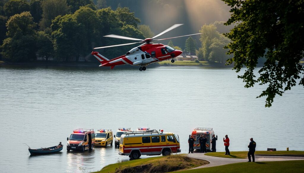 A dramatic aerial rescue operation over a serene lakeside scene. In the foreground, a red-and-white rescue helicopter hovers above the glimmering waters of the Elbsee, its powerful blades churning the air. Skilled pilots maneuver the aircraft, their focus intense as they scan the surface for any sign of the missing father and child. In the middle ground, emergency vehicles line the shore, their flashing lights reflecting off the still lake. Firefighters and police officers coordinate the search efforts, their faces set with determination. The background is framed by lush, verdant trees, casting a tranquil atmosphere, belying the urgency of the situation. Dramatic lighting, with shafts of sunlight piercing through the clouds, heightens the sense of drama and tension.
