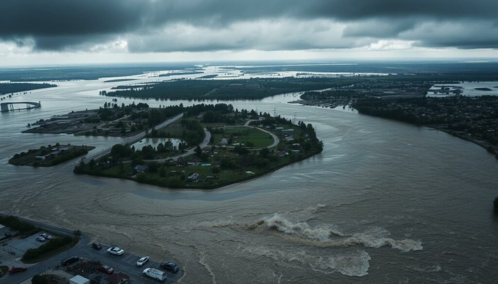 A dramatic aerial view of a raging river surging through a devastated landscape, engulfing homes and businesses. Dark storm clouds loom overhead, casting an ominous shadow over the scene. In the foreground, stranded vehicles and debris float amidst the churning floodwaters. The middle ground reveals crumbling infrastructure and submerged roads, conveying the sheer power and destruction of the flooding. In the distance, a panoramic vista of a once-thriving town now submerged under the rising waters, a sobering testament to the catastrophic impact of climate change. The lighting is moody and dramatic, with a sense of urgency and despair permeating the atmosphere.