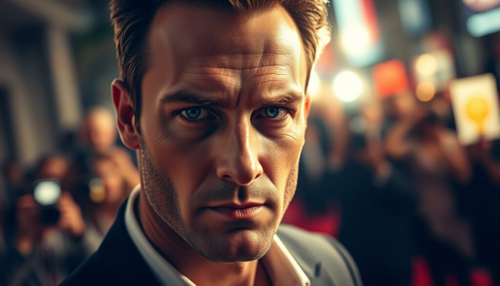 A dramatic, cinematic close-up portrait of Julian McMahon, the acclaimed Australian actor best known for his roles in "Charmed" and "Nip/Tuck". He stands tall and proud, his piercing blue eyes gazing intently at the camera, his chiseled features illuminated by soft, warm lighting that casts dramatic shadows across his face. The background is a blurred, out-of-focus scene of a bustling Hollywood red carpet event, with flashing paparazzi cameras and a crowd of adoring fans in the distance, capturing the essence of his celebrated career in the entertainment industry. The overall mood is one of intensity, gravitas, and the weight of his impressive accomplishments.