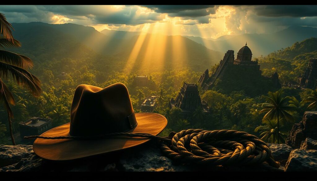 A dramatic, cinematic landscape showcasing the future of the Indiana Jones franchise. In the foreground, a rugged, weathered fedora and whip lie atop ancient ruins, hinting at the iconic hero's legacy. The middle ground features a sprawling jungle backdrop, lush with verdant foliage and hints of forgotten temples. Rays of golden sunlight filter through the canopy, casting a warm, adventurous glow. In the distance, towering mountains and an ominous thunderstorm suggest new challenges and unexplored horizons for the beloved character. The overall mood evokes a sense of anticipation, wonder, and the endless possibilities that await the next chapter of Indiana Jones' timeless adventures.