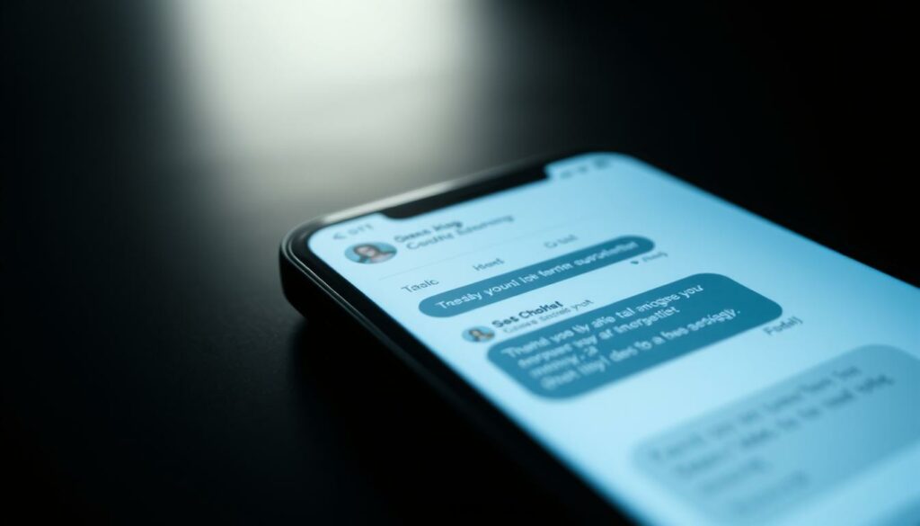 A dramatic, high-contrast image depicting a smartphone screen showcasing a chat conversation. The screen is positioned in the foreground, filling the frame with a sense of immediacy and intensity. The background is blurred, creating a shallow depth of field that focuses the viewer's attention on the conversation. The chat messages are rendered in a clean, modern typeface, conveying a sense of urgency and importance. The overall mood is serious and contemplative, reflecting the gravity of the subject matter. The lighting is dramatic, with shadows and highlights accentuating the three-dimensional form of the device. The camera angle is slightly elevated, adding a sense of authority and significance to the scene.