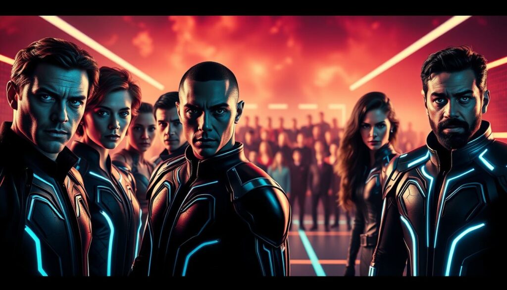 A dramatic, high-contrast shot of the Tron: Ares cast members, illuminated by sleek, neon-tinged lighting. In the foreground, the film's lead actors strike bold, heroic poses, their features sharply defined. In the middle ground, a gathered ensemble of supporting players, their costumes and expressions conveying a sense of mystery and anticipation. The background blurs into an abstract, grid-like digital landscape, hinting at the sci-fi setting. The overall mood is one of excitement and cinematic grandeur, capturing the essence of this highly anticipated Tron sequel.