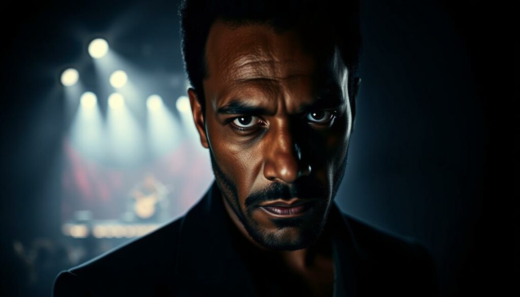 A dramatic portrait of the German singer-songwriter Xavier Naidoo, set against a moody, shadowy backdrop. The foreground features a close-up of Naidoo's face, his intense gaze and somber expression conveying the weight of his controversial public persona. The middle ground reveals fragments of a stage or performance setting, hinting at his musical career and the scandals that have plagued it. The background is shrouded in a hazy, dreamlike atmosphere, evoking the complexities and contradictions that have defined Naidoo's tumultuous journey. The lighting is chiaroscuro, casting dramatic shadows and highlights that accentuate the subject's striking features. The overall composition and mood suggest the dichotomy between Naidoo's artistic brilliance and the public scrutiny he has faced.