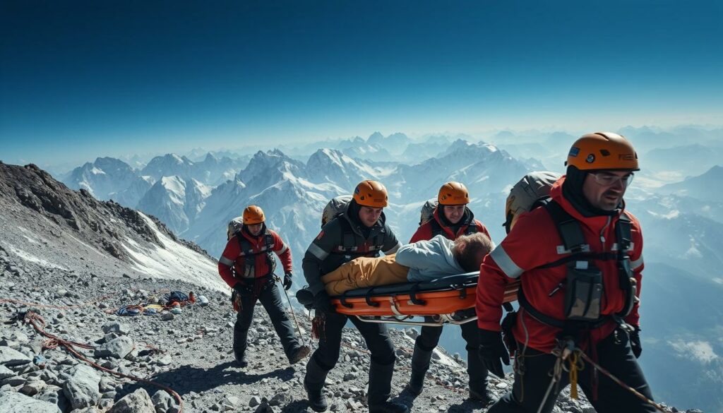 A dramatic rescue operation unfolding against the majestic Swiss Alps. In the foreground, emergency responders swiftly transport an injured individual on a stretcher, their faces etched with concern. The middle ground reveals a rugged mountainside, with ropes and climbing gear scattered amid the rocky terrain, hinting at the perilous situation. In the distance, the towering peaks of the Schmalstöckli loom, their snow-capped summits bathed in a soft, diffused light that casts an ethereal glow over the scene. The mood is tense yet determined, as the rescuers work to stabilize the casualty and evacuate them to safety. A powerful and evocative snapshot of a dramatic mountain rescue.