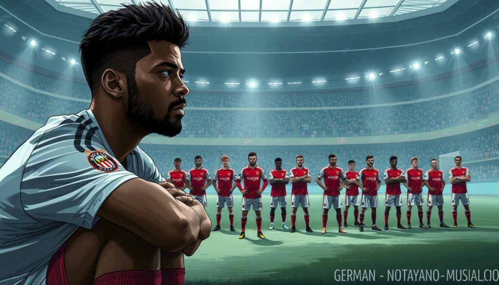 A dynamic and realistic illustration of the effects of Musiala's injury on FC Bayern and the German national team. The foreground depicts Musiala in a meditative pose, his expression pensive as he recovers from surgery. In the middle ground, the Bayern squad trains with a noticeable void, their body language reflecting the team's concern. The background showcases the bustling Allianz Arena, its atmosphere dampened by the absence of their star player. Soft, muted lighting casts a somber tone, while the composition emphasizes the interconnected nature of Musiala's role within the club and country. The scene conveys the gravity of the situation and the challenges facing both Bayern and the national team as they navigate this setback.