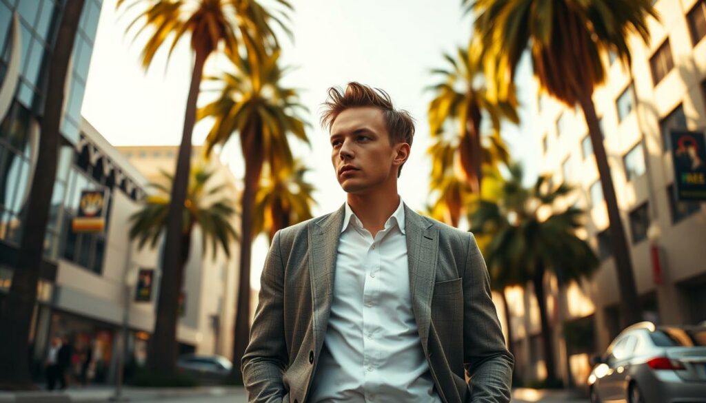 A dynamic, cinematic portrait of Marco Reus in the sun-drenched streets of Los Angeles. The former Borussia Dortmund star strolls casually, his hands in the pockets of tailored casual wear, his expression one of quiet contemplation as he takes in the bustling urban landscape around him. Towering palm trees frame the scene, casting dramatic shadows that play across his face, hinting at the thoughtful transition he is making in this new chapter of his life. The lighting is soft, golden, capturing the warmth and serenity of this moment, a bittersweet farewell to the past as he embraces an exciting future.