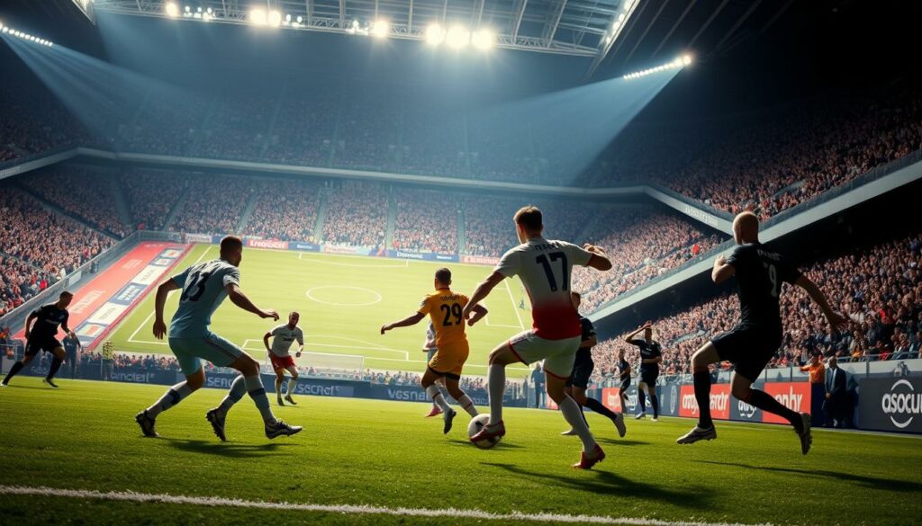 A dynamic football match unfolds, with players locked in intense competition on a well-lit pitch. In the foreground, the action intensifies as strikers dribble and defenders clash, their movements captured in a split-second of high-octane drama. The middle ground reveals the expansive stadium, spectators cheering passionately from the stands. Overhead, dramatic lighting casts long shadows, imbuing the scene with a sense of cinematic grandeur. The background blurs into the distance, hinting at the larger narrative of the Klub-WM Halbfinale. This vibrant, kinetic image captures the key moments of a high-stakes football clash, a visual embodiment of the article's subject.