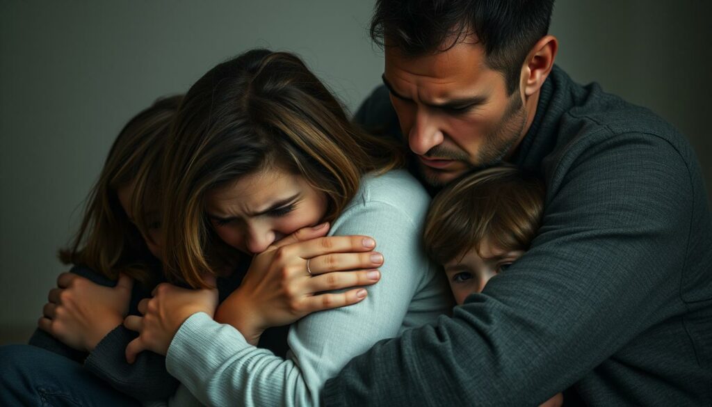 A family huddled together, expressions etched with worry and exhaustion. The mother, Lisa, her face buried in her hands, shoulders shaking. The father, with a pained, helpless gaze, tries to console his children, whose eyes reflect the weight of their family's emotional burden. The scene is bathed in muted tones, the lighting casting long shadows, conveying a sense of heaviness and melancholy. The composition emphasizes the isolation and vulnerability of the family, their embrace a desperate attempt to find solace in one another. This image captures the emotional strain and overwhelming stress that Lisa and her family are currently navigating.