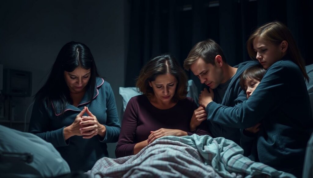 A family in emotional turmoil, gathered around a hospital bed, expressions of worry and compassion etched on their faces. The mother, hands clasped, eyes brimming with tears, the father standing tall yet visibly tense, and a sibling offering a comforting embrace. The room is dimly lit, shadows cast across their features, conveying the weight of the situation. A sense of vulnerability and uncertainty permeates the scene, as they navigate the challenges of a health crisis that has shaken their close-knit unit. Soft, diffused lighting illuminates the faces, highlighting the concern and love that binds them together during this time of crisis.