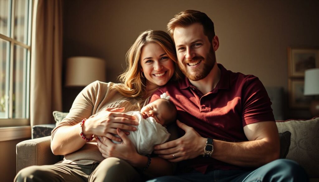 A family portrait of country music artist Sam Hunt, his wife Hannah Lee Fowler, and their newborn child, bathed in warm natural light and set against a cozy, intimate home interior. Sam and Hannah sit side by side, tenderly holding their sleeping infant, their expressions radiating pure joy and contentment. The background features muted, earthy tones with subtle textures, creating a sense of comfort and security. The overall scene conveys a heartwarming, candid moment of a growing family, captured through a medium-wide, shallow depth of field lens.