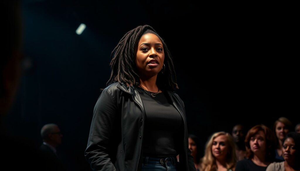 A fierce feminist rap artist stands defiantly on a stage, framed by a moody, dimly-lit backdrop of a heated debate. Her powerful gaze commands attention as she passionately argues her perspective, her words resonating with the charged atmosphere. The lighting casts dramatic shadows, emphasizing the intensity of the moment. The scene is captured with a cinematic, documentary-style lens, highlighting the raw energy and emotion of the confrontation. The audience remains out of focus, their presence felt but not distracting from the central figure. An air of tension and intellectual discourse permeates the frame, reflecting the complex, multifaceted nature of the feminist discourse.