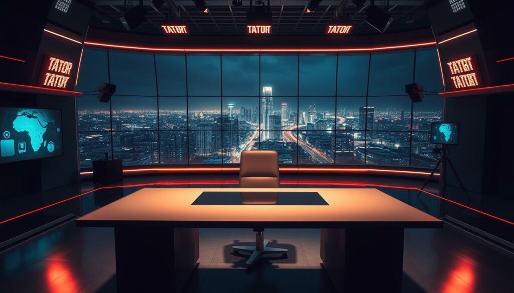 A futuristic, high-tech studio set for the German crime drama "Tatort", set against a backdrop of the Hessian skyline. In the foreground, a sleek, minimalist desk and chair arrangement, bathed in warm, directional lighting from above. The middle ground features holographic displays and advanced surveillance equipment, hinting at the show's evolution. In the background, a panoramic window offers a view of a bustling, neon-lit city at night, conveying a sense of technological progress and urban dynamism. The overall mood is one of excitement and innovation, reflecting the changing landscape of television production and the future direction of this iconic crime series.