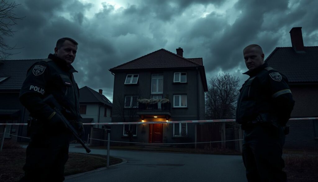 A gloomy, overcast scene in a small German town. In the foreground, police officers stand guard around a cordoned-off area, their faces tense with urgency. The middle ground reveals the entrance to a dimly lit apartment building, its facade weathered and foreboding. In the background, ominous gray clouds loom, casting an oppressive shadow over the scene. The lighting is somber, with muted tones and deep shadows, conveying a sense of dread and unease. The camera angle is slightly low, emphasizing the gravity of the situation and the weight of the "Mordverdacht" - the suspicion of murder that hangs heavy in the air.
