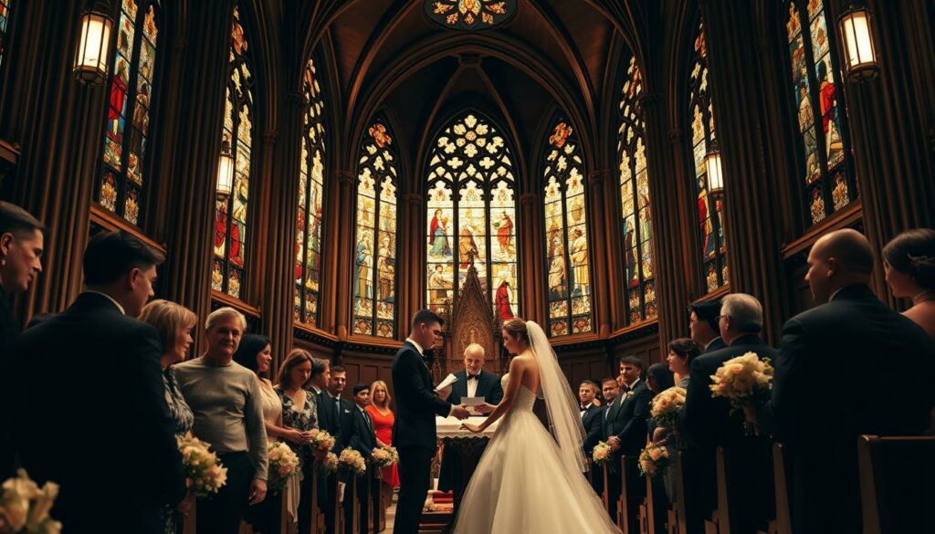 A grand cathedral in Brooklyn, New York, its stained glass windows casting a warm, golden glow. At the altar, a young couple exchange vows, the bride in a stunning white gown, the groom in a sharp black tuxedo. Their families and friends look on, expressions ranging from joy to tension. The air is thick with the scent of fresh flowers and the weight of unspoken conflicts. A dramatic, cinematic scene capturing the essence of a high-profile wedding marred by underlying drama.