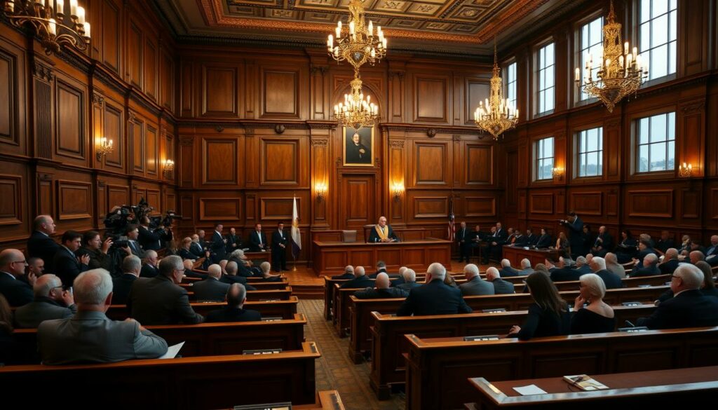 A grand courtroom interior, the Hamburger Landgericht, with ornate wood paneling and high ceilings. Elegant light fixtures cast a warm glow, illuminating the solemn proceedings. Rows of oak benches face a raised dais where a judge presides, flanked by stern-faced lawyers. Journalists and spectators fill the gallery, leaning forward in anticipation. Through the tall windows, a dreary Hamburg skyline is visible, adding to the gravity of the moment. Tension permeates the air as the high-profile "Block-Prozess" commences, with enthralling tales of kidnapped children, celebrity figures, and ex-intelligence operatives about to unfold.