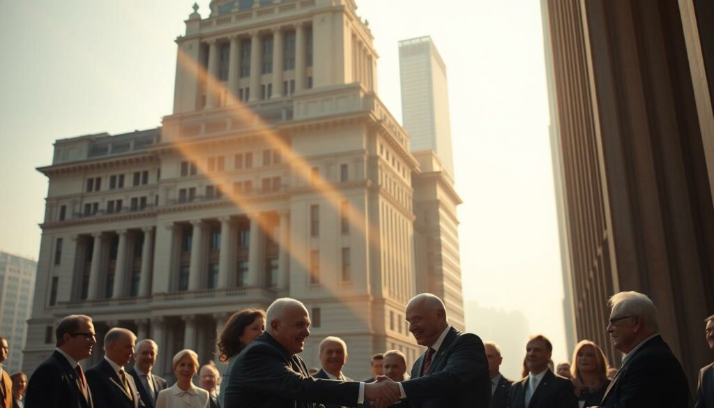 A grand, imposing government building stands tall, its stately architecture a symbol of authority and progress. In the foreground, a group of political leaders shake hands, their expressions confident and triumphant. Rays of golden light filter through the windows, casting a warm, celebratory glow over the scene. The background is a hazy, blurred cityscape, hinting at the broader context of the nation's affairs. The overall atmosphere conveys a sense of achievement, as if the coalition has successfully navigated the challenges of governance and emerged victorious.
