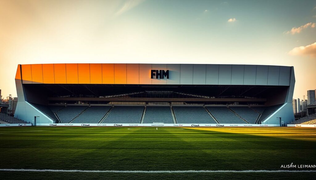 A grand, modern stadium with sleek, angular architecture, the Alisha Lehmann Stadion stands tall, its facade adorned with the FHM brand. The structure is bathed in a warm, golden light, casting dramatic shadows that accentuate its sharp lines and clean design. In the foreground, a well-manicured pitch lies waiting, ready to host the thrilling matches that will captivate Alisha Lehmann's devoted fans. The background features a cityscape, hinting at the bustling urban environment that surrounds this impressive sports venue. The overall scene conveys a sense of power, prestige, and the immense popularity of this rising star, Alisha Lehmann.
