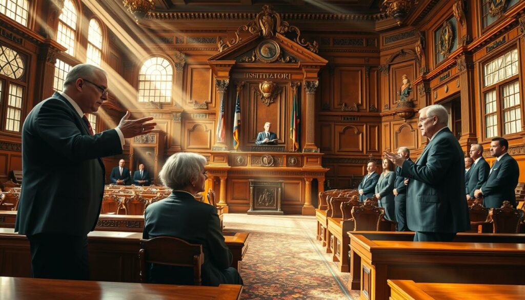 A grand, ornate courtroom with ornate wooden benches and a towering judge's dais. Beams of light stream through the large windows, casting a warm glow over the solemn proceedings. Lawyers in sharp suits stand before the judge, gesticulating passionately as they argue over a contested inheritance. The plaintiff, a somber-faced widow, sits pensively, her body language conveying the weight of the dispute. The defendant, a distant relative, appears defiant, unwilling to relinquish the disputed wealth. The mood is tense, the outcome uncertain, as the judge listens intently, preparing to deliver a verdict that will resolve this complex, high-stakes legal battle over a contested legacy.
