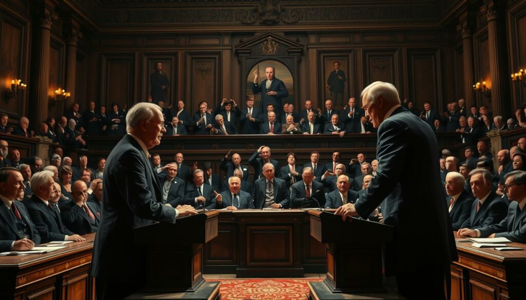 A grand, ornate meeting hall filled with imposing historical figures engaged in heated political debate. In the foreground, two statesmen stand at opposing podiums, their expressions intense as they exchange fiery rhetoric. Behind them, a gallery of influential politicians from different eras - some gesturing forcefully, others observing solemnly. Dramatic chiaroscuro lighting casts dramatic shadows, creating an atmosphere of high-stakes confrontation. The scene evokes the weight and gravity of "Historische Kampfbegriffe in der Politik" - the clash of ideologies and the wielding of powerful language as political weapons.