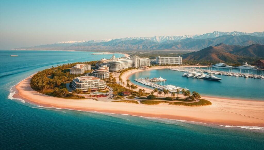 A grand, sprawling beachfront resort nestled along the coast of North Korea's Wonsan-Kalma region. The scene depicts a stunning crescent-shaped sandy beach, lapped by the gentle turquoise waters of the East Sea. In the foreground, luxurious villas and resort facilities dot the shoreline, their modern architectural design blending seamlessly with the natural landscape. Lush, verdant palm trees sway in the warm, coastal breeze, creating a tranquil, tropical ambiance. The midground features a magnificent, state-of-the-art marina, with sleek yachts and speedboats moored at the gleaming docks. Towering, snow-capped mountains rise majestically in the distant background, creating a breathtaking panoramic vista. Warm, golden sunlight bathes the entire scene, evoking a sense of opulence and exclusivity befitting a premier, high-end resort destination.
