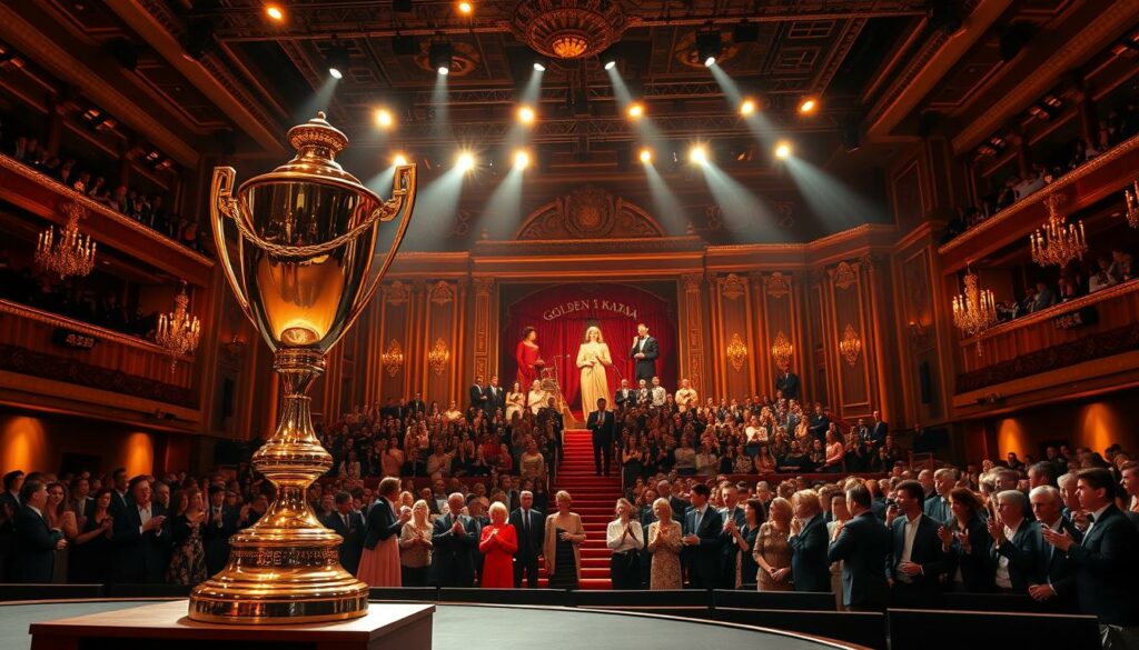 A grand stage illuminated by warm, golden lighting, capturing the prestigious Goldene Kamera awards ceremony. In the foreground, a large, gleaming trophy stands as the centerpiece, symbolizing the pinnacle of achievements in the entertainment industry. In the middle ground, a crowd of A-list celebrities fill the auditorium, their elegant attire and applauding gestures conveying the excitement and prestige of the event. In the background, a lavish, ornate backdrop sets the stage, hinting at the long-standing tradition and grandeur of this esteemed award show. The overall atmosphere exudes a sense of glamour, accolades, and the celebration of the enduring career of the legendary Thomas Gottschalk.