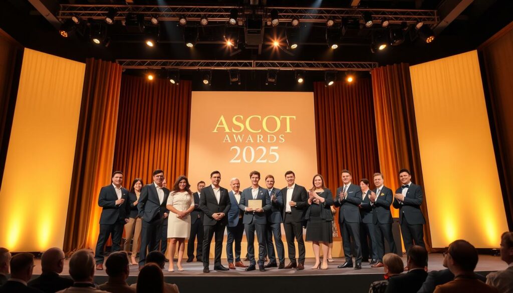 A grand stage illuminated by warm, golden spotlights, showcasing the winners of the prestigious ASCOT Awards 2025. In the foreground, a group of confident, well-dressed individuals stand triumphantly, their expressions radiating pride and accomplishment. Behind them, a backdrop of elegant curtains and sophisticated decor sets the scene, while the audience in the middle ground applauds enthusiastically. The overall atmosphere conveys a sense of celebration, prestige, and the recognition of exceptional quality in the world of blended Scotch whisky.