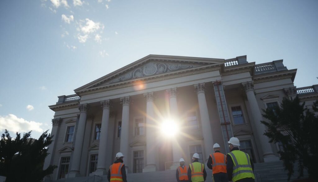 A grand, stately edifice stands resplendent, its façade adorned with neoclassical columns and intricate architectural details. Sunlight streams through the expansive windows, casting a warm glow over the scene. In the foreground, workers in hard hats and high-visibility vests are hard at work, carefully restoring the building's exterior, their movements captured in a crisp, documentary-style lens. The middle ground showcases the building's striking silhouette, framed by a backdrop of lush foliage and a cloudless, azure sky. The overall atmosphere conveys a sense of measured progress, as the historic structure undergoes a careful, meticulous renovation, preserving its timeless elegance for generations to come.