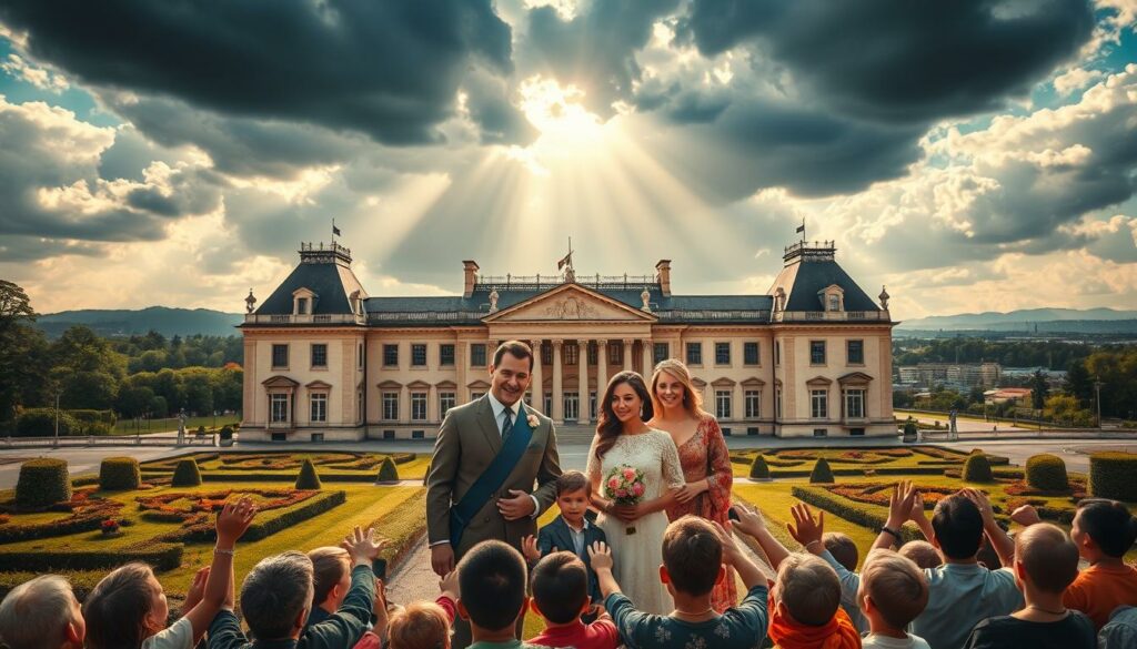 A grand, stately palace set against a dramatic sky, with sunbeams piercing through the clouds. In the foreground, a group of royals - a king, queen, and their children - stand together, their expressions conveying a sense of compassion and duty. They are surrounded by people in need, reaching out to receive aid and comfort. The royals' attire is elegant yet understated, their poses projecting an aura of humility and approachability. The scene is infused with a warm, golden light, highlighting the royals' commitment to their humanitarian responsibilities. The background features lush gardens and a distant cityscape, suggesting the far-reaching impact of their actions. An atmosphere of hope, empathy, and the weight of royal obligation permeates the image.