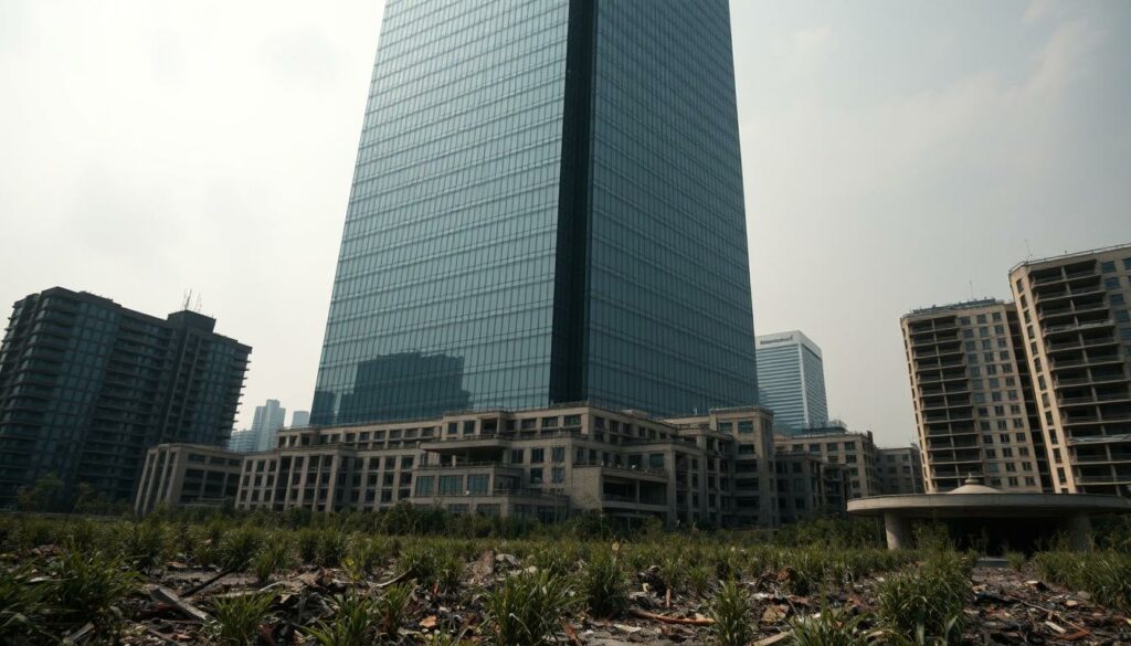 A grandiose, looming tower of glass and steel, its facade reflecting the city's skyline in a distorted, kaleidoscopic display. At its base, a sprawling complex of offices and apartments, once the epitome of luxury, now crumbling and abandoned. Weeds and rubble litter the once-pristine grounds, a stark contrast to the imposing structure above. The sky is a hazy, ominous grey, casting a somber, melancholic mood over the entire scene. The lighting is dramatic, with harsh shadows and highlights emphasizing the sense of decay and disrepair. The camera angle is low, forcing the viewer to gaze up at the towering remnants of a once-mighty empire, now fallen victim to the relentless forces of the real estate crisis.