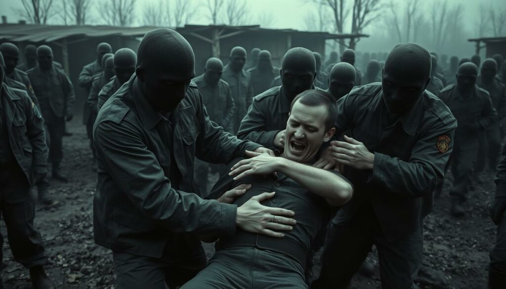 A grim military camp, soldiers enduring abuse and mistreatment. Faceless figures in uniform brutally manhandling their comrades, inflicting physical and psychological torment. Bleak, desaturated tones convey the oppressive atmosphere, with harsh shadows and ominous lighting. Shattered morale and broken spirits, the Russian army as a relentless machine of cruelty. Distressed expressions, bruised bodies, a disturbing scene of inhumane violence. Desolate, claustrophobic, and devoid of mercy - a haunting representation of the army's systemic maltreatment of its own troops.