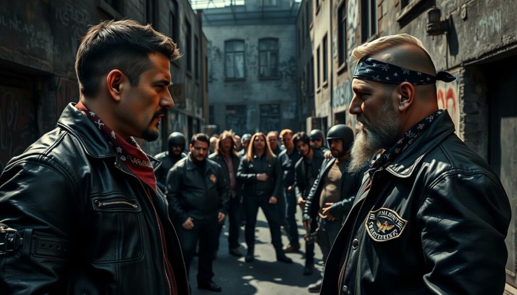 A gritty, urban street scene depicting the new players in the biker gang underworld. In the foreground, two imposing figures in leather jackets and bandanas glare at each other, the tension palpable. In the middle ground, a group of bikers congregate, their body language suggesting a shift in the power dynamics. The background is filled with the shadows of rundown warehouses and graffiti-covered walls, creating a sense of a lawless, underground world. The lighting is harsh, casting dramatic shadows and highlighting the rugged details. The overall mood is one of unease and simmering conflict, reflecting the title "Neue Akteure und verschobene Machtverhältnisse".