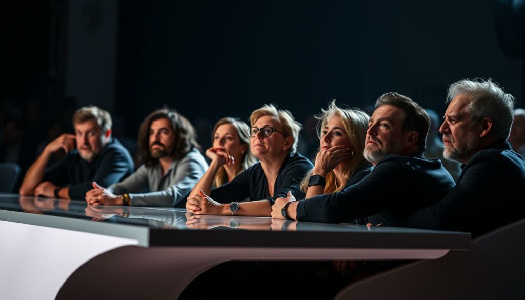 A group of DSDS jury members, seated around a sleek, modern table, expressions ranging from contemplative to animated as they react to the latest performance. Soft, dramatic lighting illuminates their faces, casting shadows that accentuate their features. The background is blurred, allowing the focus to remain on the jury's dynamic interaction, capturing the tension and excitement of the moment. The scene is captured with a shallow depth of field, creating a sense of intimacy and drawing the viewer's attention to the emotional intensity of the reactions.