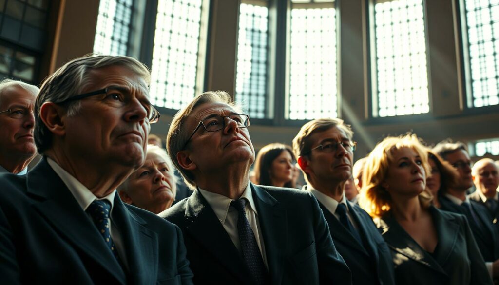 A group of German parliamentarians in the Bundestag, reacting with a mix of concern and curiosity to an unexpected foul odor filling the chamber. Sunlight streams through the high windows, casting dramatic shadows across their faces as they turn towards the source of the strange scent. Their expressions range from wrinkled noses to furrowed brows, capturing the tension and uncertainty of the situation. The scene is rendered with a cinematic, documentary-style feel, emphasizing the visceral reaction of the politicians to this unexplained "Geruchsphänomen" disrupting the proceedings. A sense of unease and mystery pervades the image, hinting at the unseen forces at work behind this peculiar olfactory event.