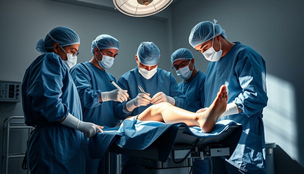A group of experienced orthopedic surgeons gathered around an operating table, performing a delicate procedure on a patient's lower leg. The lighting is bright and clinical, casting long shadows and highlighting the intense focus of the medical team. The surgeons, dressed in sterile blue gowns and masks, employ a range of specialized tools and techniques, working with precision and coordination to mend the broken bones. The atmosphere is one of professionalism and expertise, as these specialists, with their deep understanding of the Bayern Munich team's medical needs, work to restore the patient to full health and return them to the pitch.