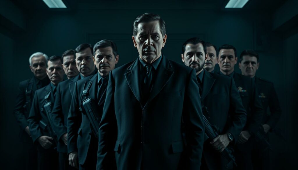 A group of former intelligence operatives and security specialists, clad in dark suits and tactical gear, stand in a tightly-knit formation. Their expressions are stern, their posture rigid, exuding an aura of discipline and professionalism. The lighting is dramatic, with a moody, high-contrast chiaroscuro effect, casting deep shadows that accentuate their resolute features. The background is obscured, hinting at a clandestine, secretive setting, perhaps a nondescript government facility or a shadowy safe house. The overall atmosphere conveys a sense of power, authority, and the weight of their responsibilities in the unfolding "Block" case, where they must navigate the complex web of missing children, celebrity involvement, and covert operations.