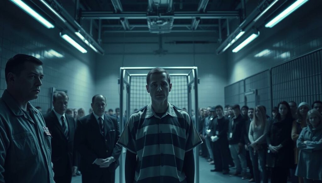 A harrowing execution scene unfolds in the United States in 2025. In the foreground, a condemned prisoner stands resolutely, flanked by somber-faced officials. The harsh fluorescent lighting casts sharp shadows, heightening the tension. The middle ground reveals the grim apparatus of state-sanctioned death - a sterile, clinical setting devoid of humanity. In the background, a hazy crowd of witnesses gathers, their faces obscured, bearing silent witness to this unsettling ritual. The atmosphere is one of profound unease, a stark reminder of the gravity and moral complexities surrounding capital punishment in modern America.
