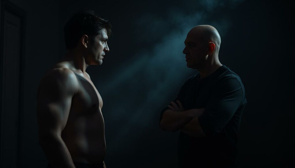 A heated argument between two figures, their bodies tense and expressions severe, as they stand in a dimly lit room, shadows cast across their faces. The air is thick with tension, a tangible clash of opposing viewpoints and unresolved grievances. The lighting is moody, creating a sense of drama and urgency, while the camera angle suggests a fly-on-the-wall perspective, allowing the viewer to witness the unfolding confrontation. The background is hazy and indistinct, keeping the focus on the central figures and their emotional exchange. An atmosphere of unresolved conflict and the search for truth permeates the scene.