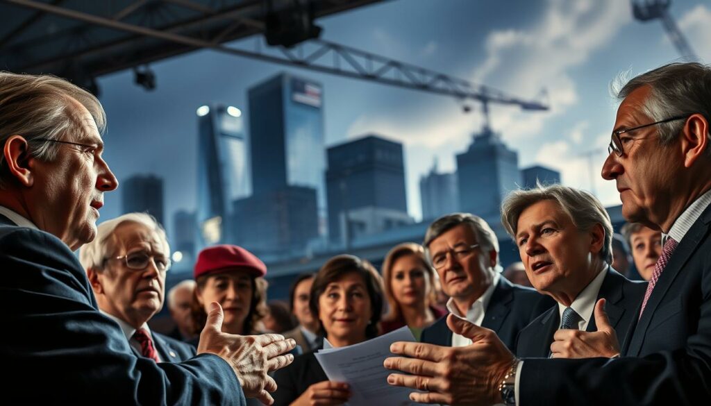 A heated debate on climate policy unfolds in a modern city setting. In the foreground, political figures engage in passionate discussion, their expressions and gestures conveying the intensity of the debate. The middle ground features a backdrop of urban architecture, with skyscrapers and infrastructure suggesting the high-stakes context. The lighting is dramatic, with a mix of natural and artificial illumination casting dynamic shadows and highlighting the faces of the participants. The overall atmosphere is one of urgency and tension, reflecting the gravity of the climate policy issues at hand.