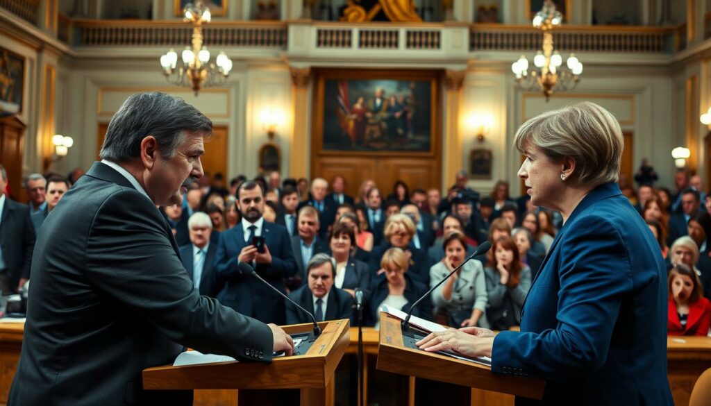 A heated political debate on economic sanctions, with Union and Bundesregierung representatives facing off in a formal setting. The foreground features two speakers at podiums, engaged in a tense exchange, their expressions and gestures conveying the weight of the discussion. The middle ground captures the audience, a mix of legislators and journalists, their reactions mirroring the intensity of the debate. The background showcases an ornate government chamber, the architectural details and lighting evoking a sense of gravitas. Overall, the scene projects an atmosphere of high-stakes political negotiation, the participants grappling with the complex and consequential issue of economic sanctions.