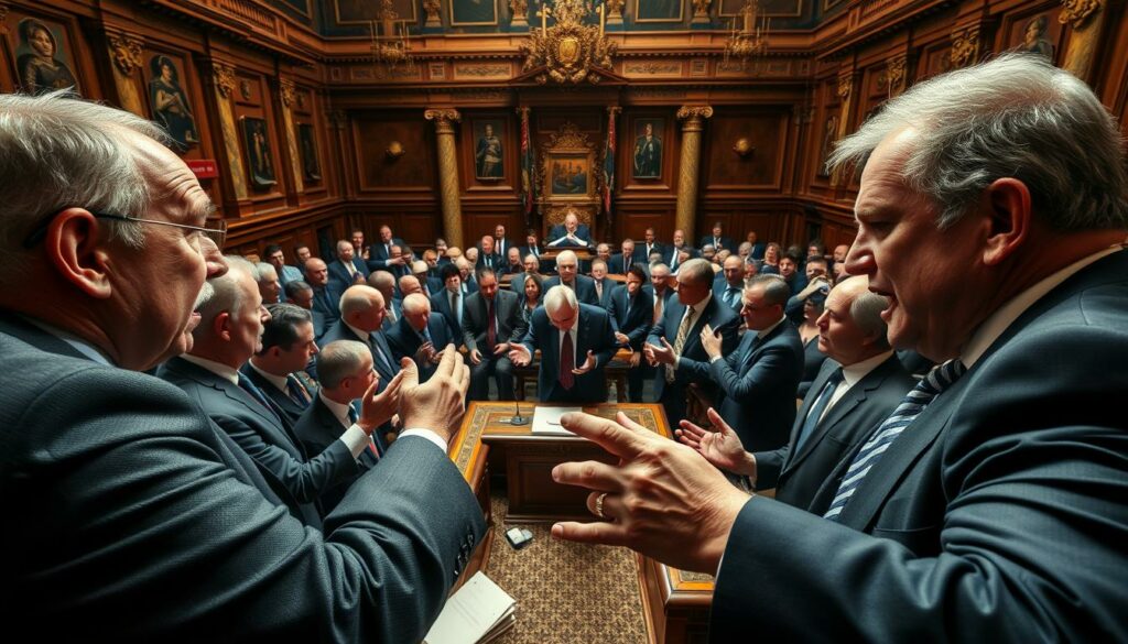 A heated political debate unfolds, with government officials passionately exchanging views against a backdrop of ornate parliamentary chambers. In the foreground, politicians gesticulate animatedly, their faces etched with intensity as they argue their positions. The middle ground captures the dynamic interplay of differing ideologies, while the background showcases the grand, stately architecture that frames this political discourse. Dramatic lighting casts dramatic shadows, heightening the sense of gravitas and importance. This high-angle, wide-angle shot captures the tension and drama of the political reactions playing out in the halls of power.