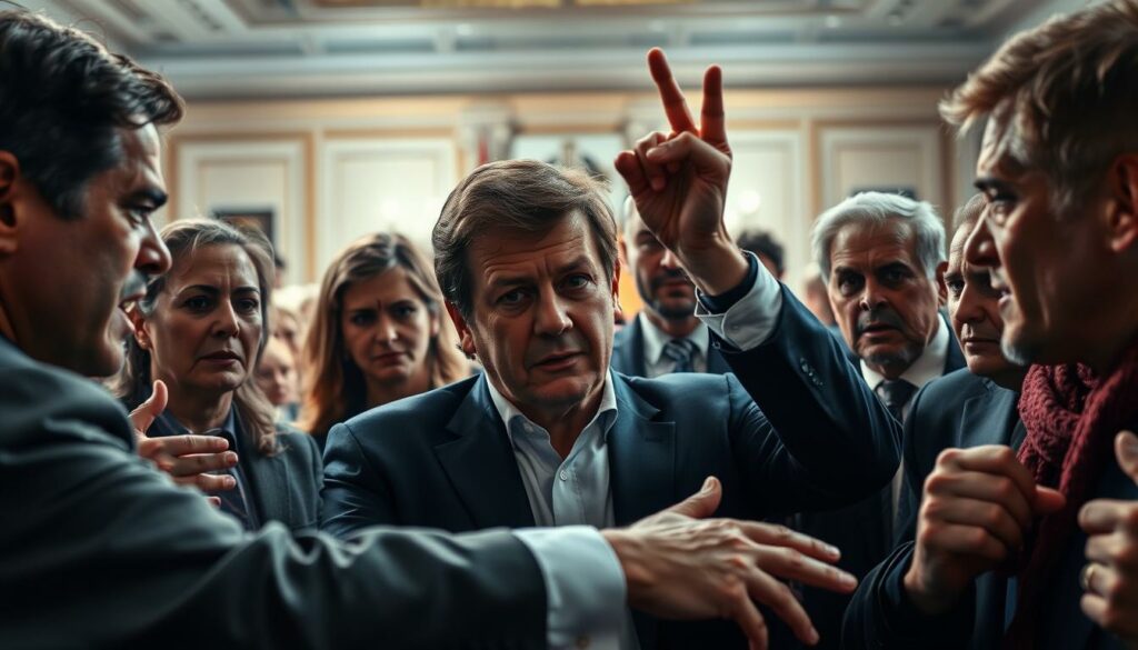 A heated political discussion unfolds, with passionate gestures and intense expressions. In the foreground, gesticulating figures represent diverse reactions - some faces scowl with disapproval, others appear perplexed or concerned. The middle ground reveals a backdrop of a formal political setting, perhaps a parliament or government building, hinting at the gravity of the situation. Dramatic lighting casts dramatic shadows, heightening the sense of tension and debate. The overall atmosphere conveys the charged, polarized nature of the discourse surrounding the controversial political party and its interactions.