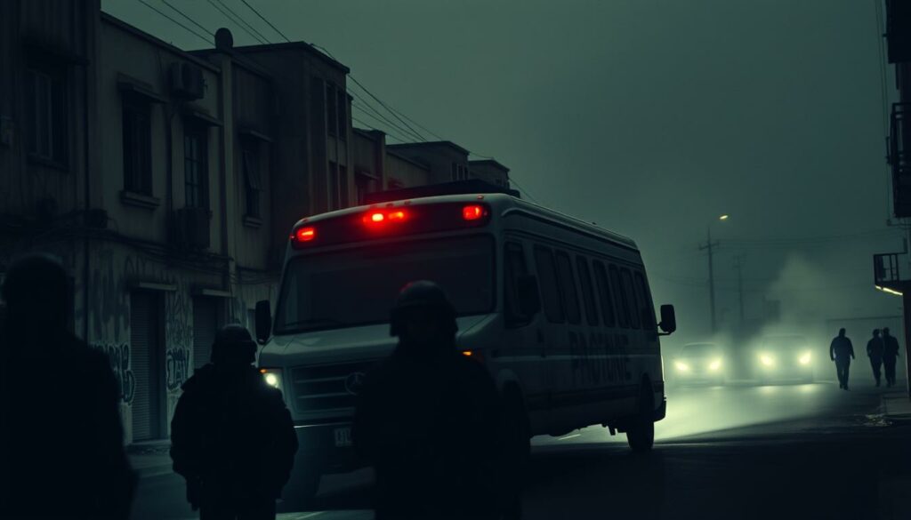A heavily guarded prison transport van navigates a dimly lit urban street, its siren wailing. In the foreground, shadowy figures in riot gear accompany the vehicle, conveying a sense of tension and unease. The middle ground features a row of dilapidated, graffiti-covered buildings, casting an ominous atmosphere. The background is shrouded in a hazy, overcast sky, adding to the grim and foreboding mood. The scene is captured with a cinematic, low-angle perspective, emphasizing the imposing nature of the transport and the sense of confinement. The overall lighting is harsh and dramatic, creating deep shadows and highlights that accentuate the rawness of the environment.