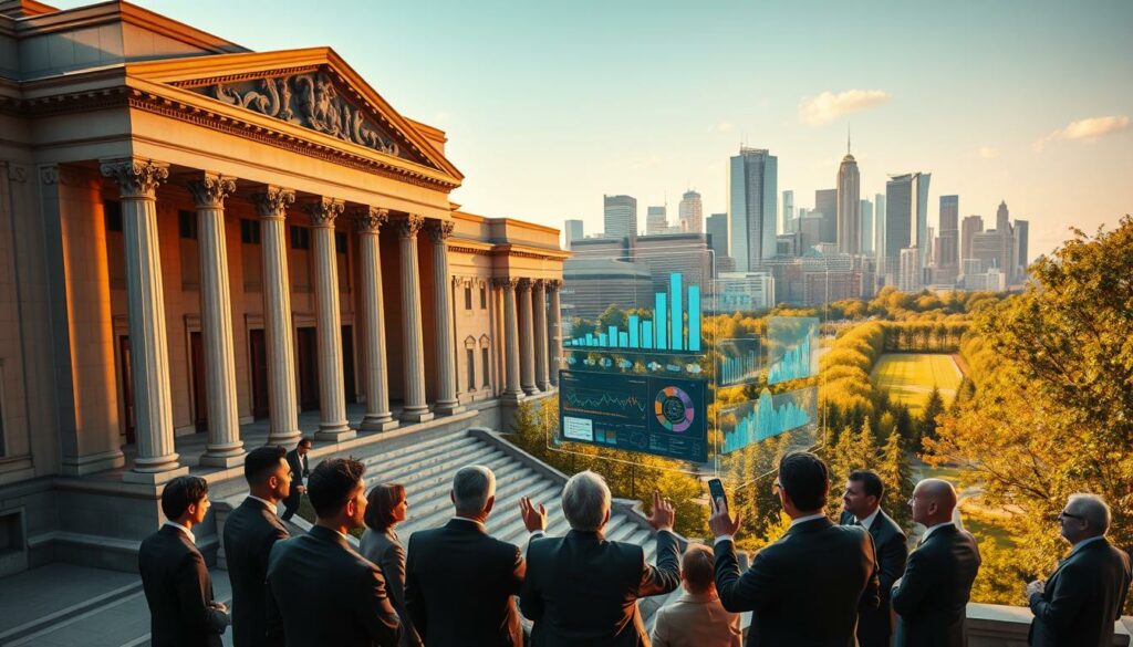 A high-angle shot of a government building with an elegant neoclassical facade, bathed in warm, golden light. In the foreground, a group of people in business attire gathered, engaged in animated discussion, gesturing towards a large, holographic display showing charts and graphs. The scene conveys a sense of serious deliberation, as they navigate the complexities of healthcare policy reforms. In the background, a cityscape with modern skyscrapers and lush, verdant parks, suggesting the broader context of these political measures. The overall mood is one of thoughtful consideration, as the decision-makers grapple with the challenges facing the healthcare system.