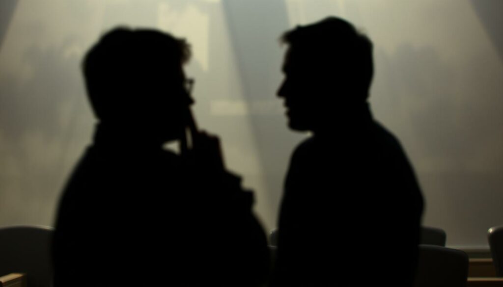 A high-contrast, cinematic composition depicting the blurred, obfuscated outlines of two individuals engaged in a tense, confrontational dialogue. The foreground is dominated by the indistinct silhouettes, their body language and gestures suggesting an impassioned, adversarial exchange. The background is hazy and indistinct, with muted, monochromatic tones that evoke a sense of legal or professional setting. Dramatic chiaroscuro lighting casts sharp shadows, creating a somber, dramatic atmosphere that heightens the tension and emotional weight of the scene. The overall impression is one of a personal or professional disagreement playing out against the backdrop of bureaucratic or institutional boundaries.