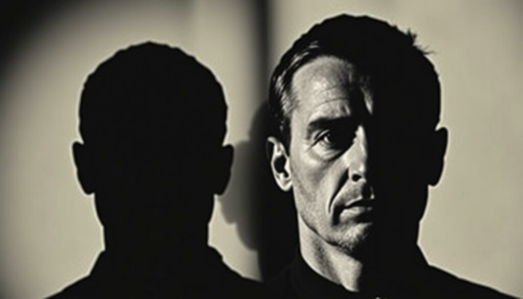 A high-contrast mug shot-style portrait of Burkhard Garweg and Ernst-Volker Staub, two suspected members of the Red Army Faction (RAF) terrorist group. The subjects are shown in a frontal view, their faces partially obscured by shadows, conveying a sense of mystery and evasion. The lighting is dramatic, casting deep shadows that accentuate the subjects' features. The background is a plain, neutral tone, putting the focus entirely on the individuals. The overall mood is somber and serious, reflecting the gravity of the subject matter.