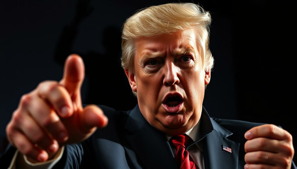 A high-contrast, wide-angle image of Donald Trump gesturing emphatically, his face etched with a look of political discord and divisiveness. In the background, a shadowy figure representing a political schism or breakaway movement, conveying a sense of upheaval and uncertainty. The lighting is dramatic, casting deep shadows and highlights to heighten the sense of tension and drama. The composition is balanced, with Trump occupying the foreground and the background element providing a sense of depth and context. The overall mood is one of political turmoil and a potential fracturing of the status quo.