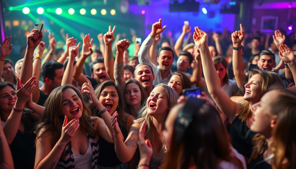 A high-energy crowd of enthusiastic fans excitedly reacting to the news of German Ballermann star Isi Glück's Playboy magazine feature. In the foreground, a group of young people cheering, clapping, and holding up their phones to capture the moment. In the middle ground, a mix of men and women of various ages jumping, fist-pumping, and exchanging excited expressions. The background is a blurred, vibrant scene of a lively party atmosphere, with colorful lighting, music, and the sense of a celebratory event. The overall mood is one of unbridled joy, anticipation, and ardent support for Isi Glück's bold Playboy debut.